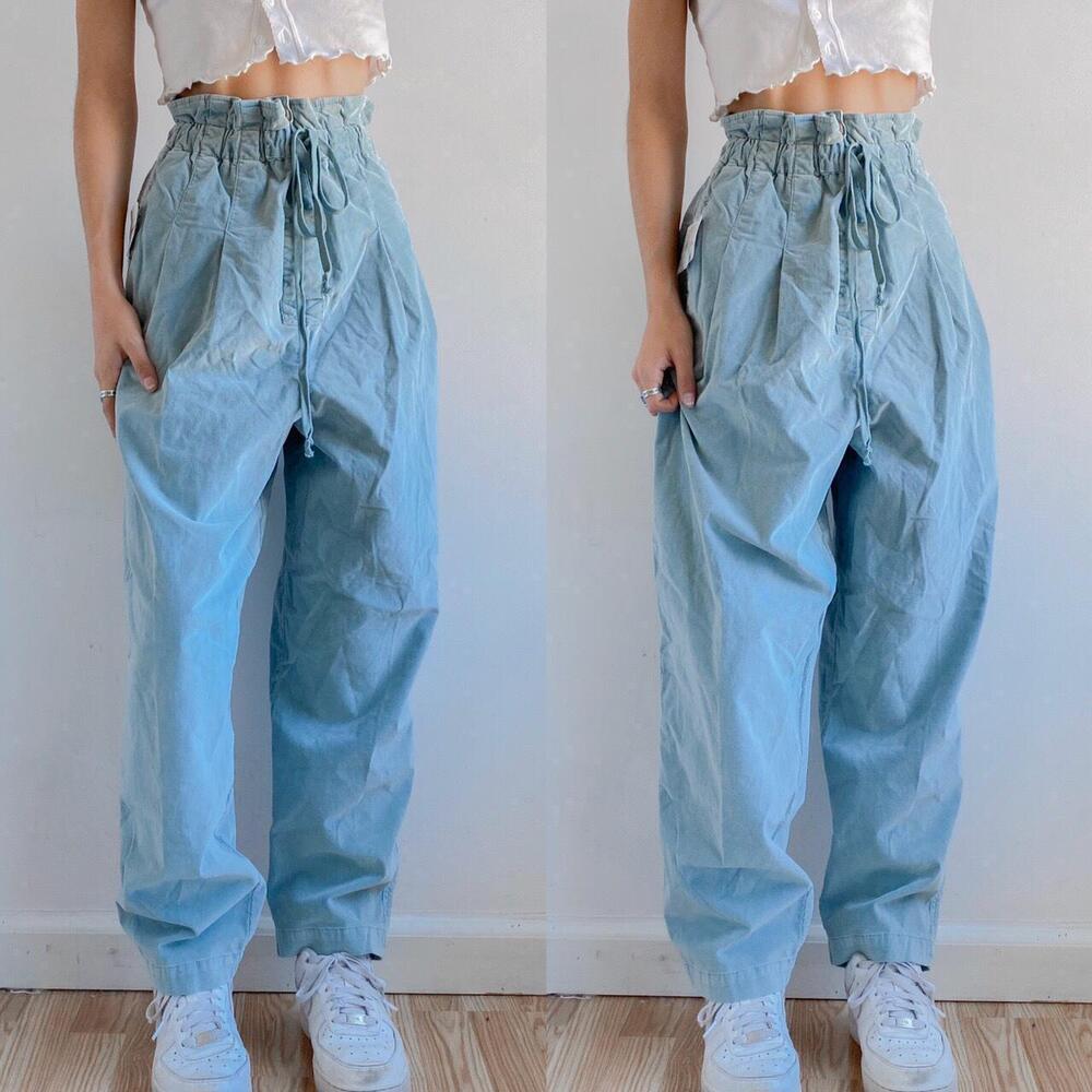 Free People Light Blue Corduroy Paperbag Waist Pleated Trouser Pants XS - Picture 3 of 14